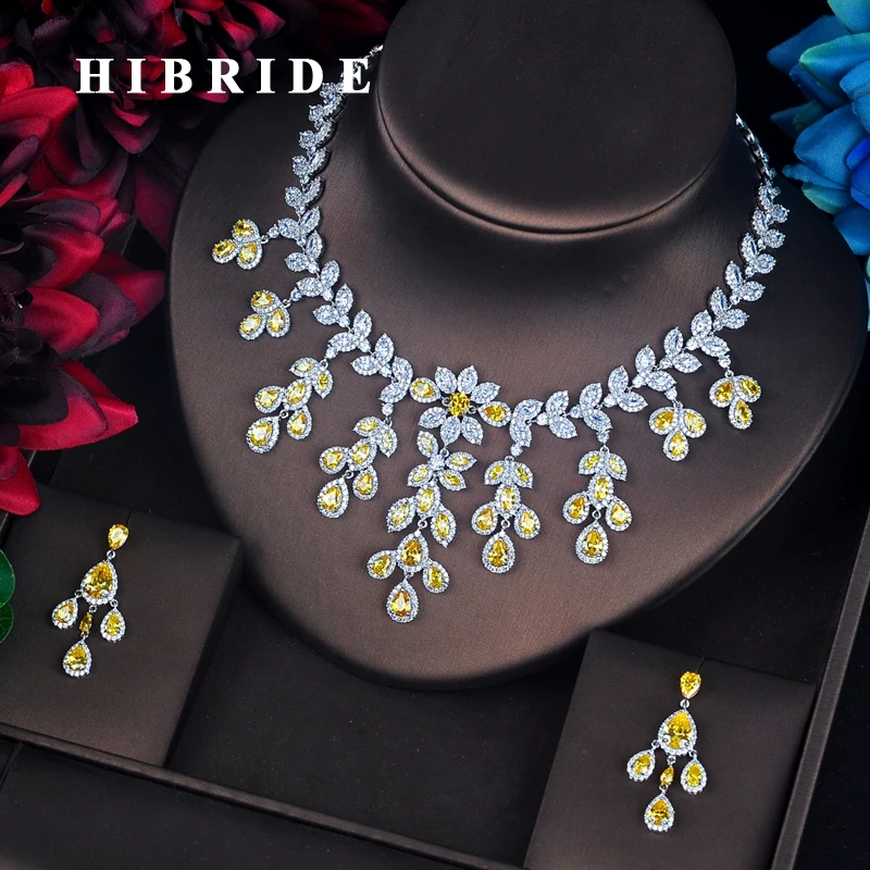

HIBRIDE Fashion Design Top Quality Yellow Cubic Zircon Jewelry Set For Women Bridal bijoux parures femmes Engagement Set N-660