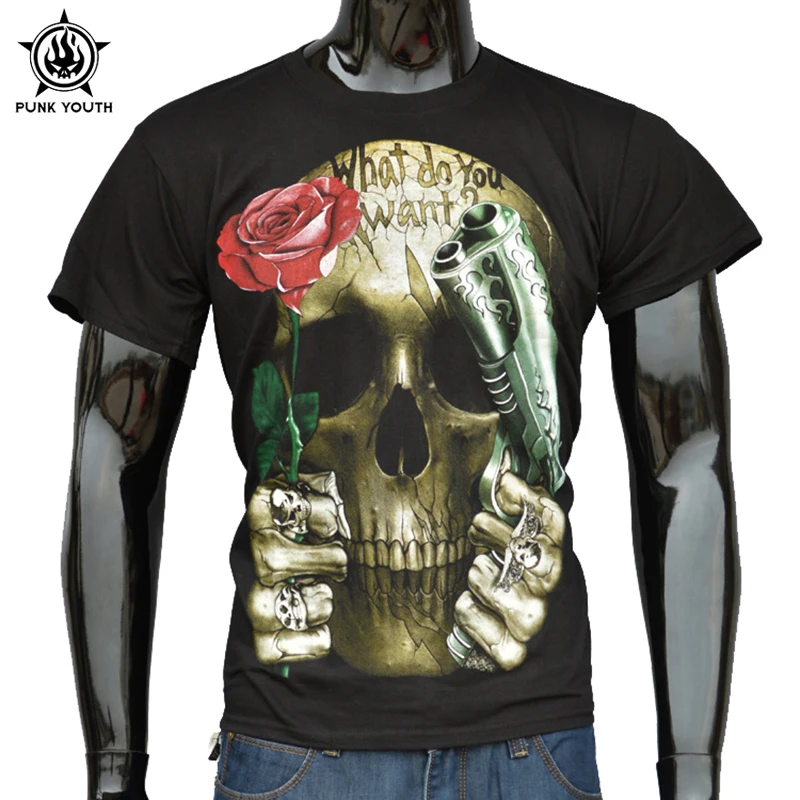 Punk Youth Brand Tops&Tees Rock Punk Style Rose Skull Gun ...
