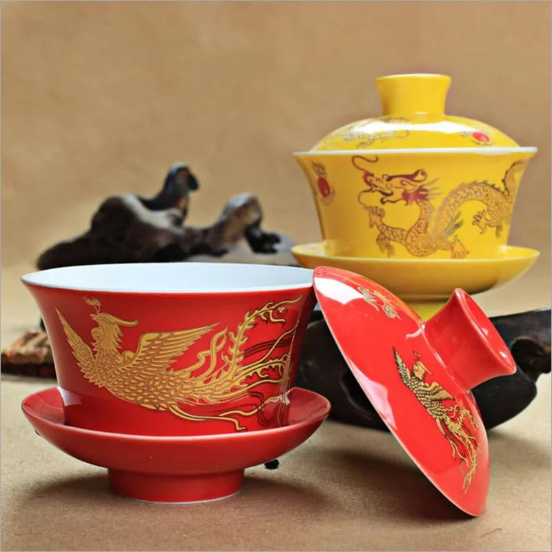 300 мл емкость Дракон и Феникс стиль чайная чаша китайский Tureen KungFu Gaiwan чайная чашка, керамическая миска с крышкой чаша чайное обслуживание