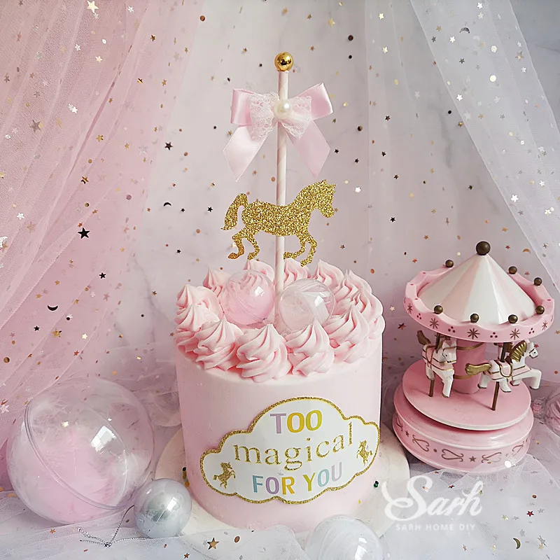 Розовое Кружевное с бантом карусель Золотая лошадь Топпер для торта «С Днем Рождения» десертное украшение на День святого Валентина прекрасные подарки