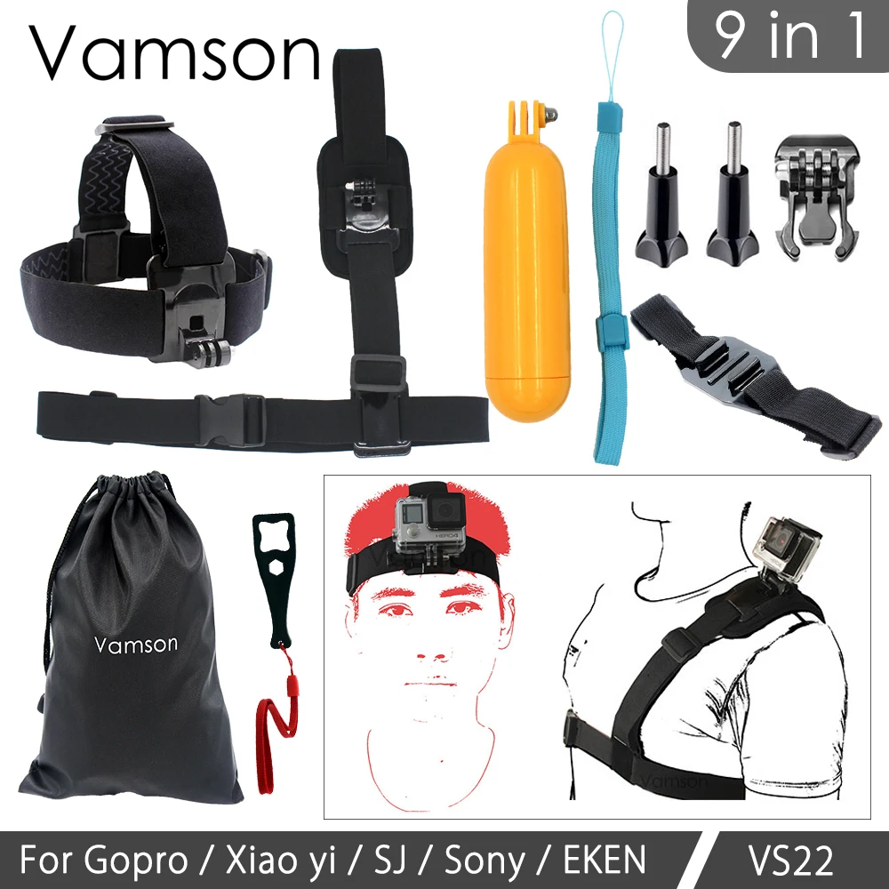 

9 in 1 Vamson for GoPro Accessories Floaty Bobber Monopod Wrench Kit Shoulder Strap Tripod For Gopro Hero 4 3+for Xiaomi VS22