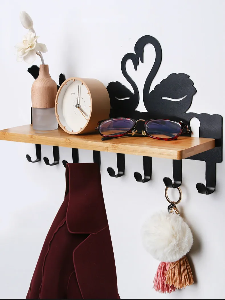 Creative Bamboo Plate Iron Wall Shelf 6/8 Row Hook Coat Hanger Door Hooks Wall Mounted Partition Shelf Deer Piano Swan for Decor