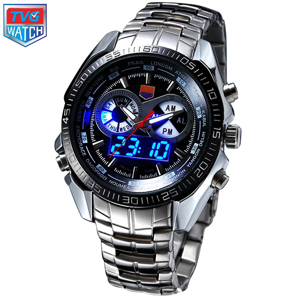 2016 Stainless Steel Black Men s Clock Military Blue Binary LED Pointer Watch Mens 30M Waterproof
