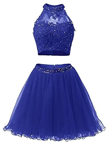 Два предмета, 1950 S, платье для выпускного вечера с высоким горлом, сексуальное, с открытой спиной, с бисером, из тюля, короткие, милые, 8 класс, выпускные платья размера плюс - Цвет: Синий