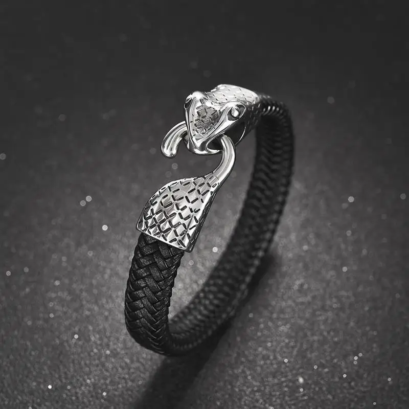 Jiayiqi Уникальный Панк Кожаный браслет для мужчин Нержавеющая Сталь Змея крюк браслет плетеный браслет мужские ювелирные изделия аксессуары Подарки