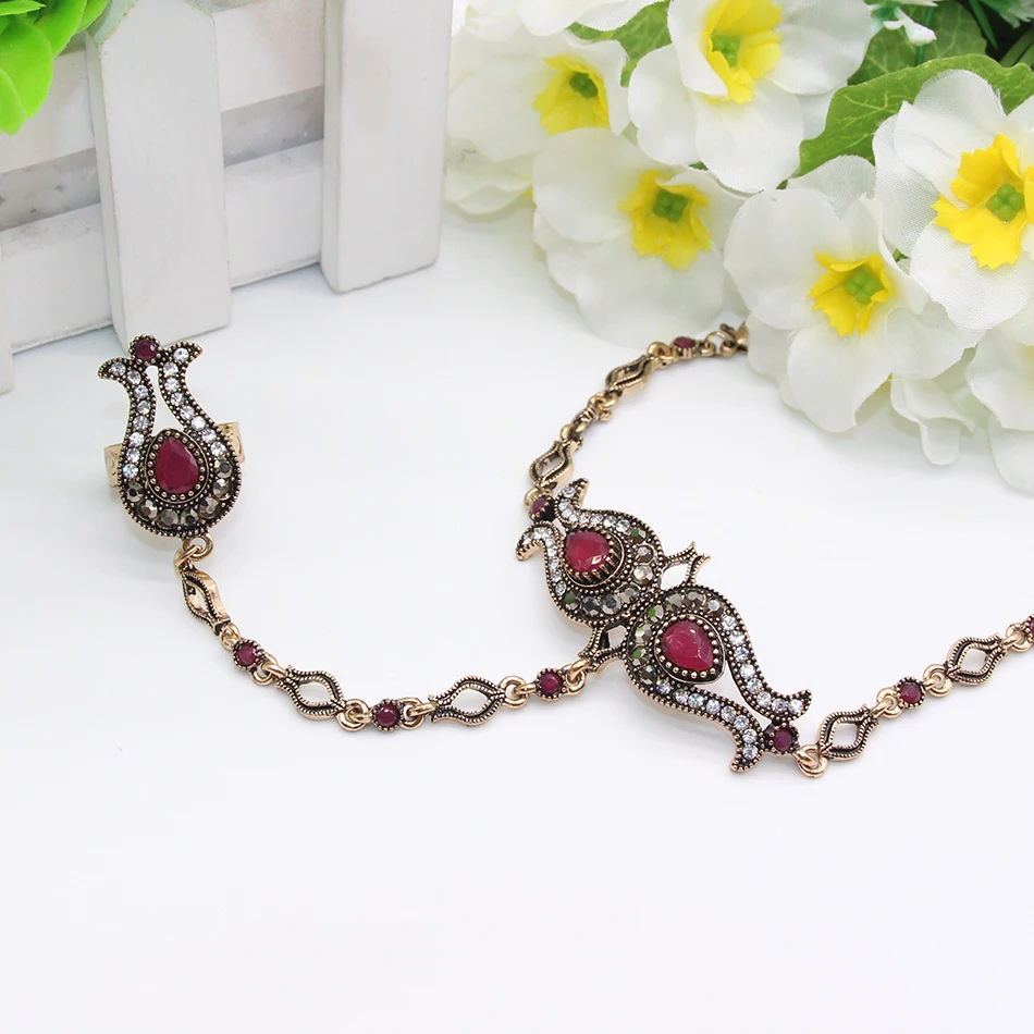 Luxuries Turkish Women Tulips Flower Bracelet Ring Set Resin Jewelry Antique Gold Color India Dance Wedding Secret bijouterie - Image 6