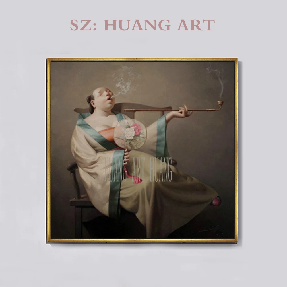 

Chinese famous artist Liu Baozhen realist figure oil painting, smoking fat woman decoration hotel handmade canvas unique art dec