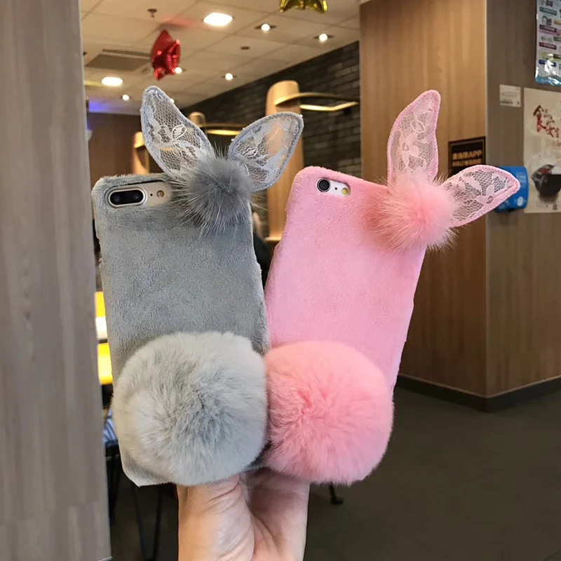 

Lovely Mobile Phone Cases For iPhone 7 8 Plus Hairball Kickstand Back Cover With Ears For iPhone X Anti-knock Telefone Caixa