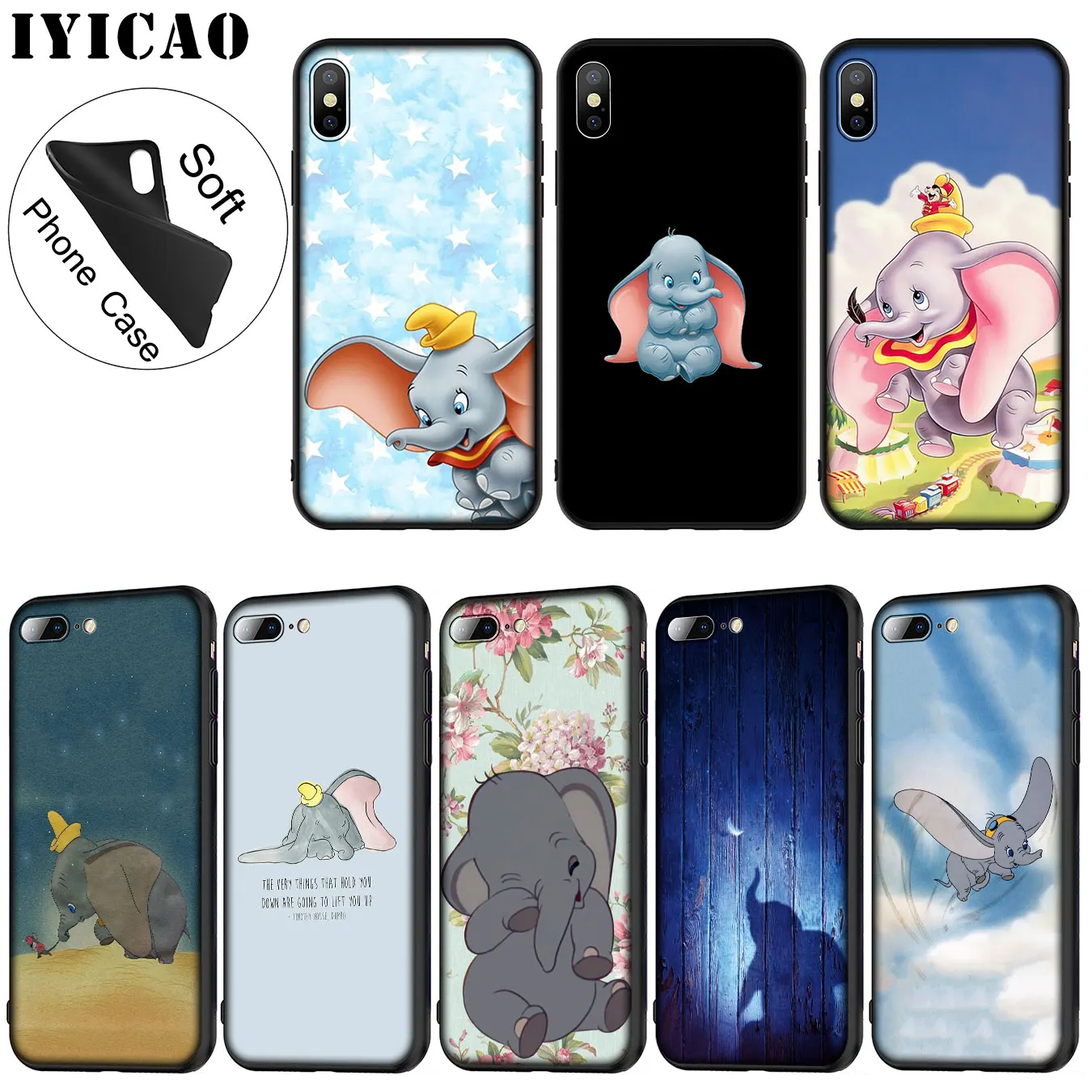 

IYICAO Dumbo Cute elephant Soft Silicone Phone Case for iPhone XR X XS Max 6 6S 7 8 Plus 5 5S SE 10 TPU Black Cover