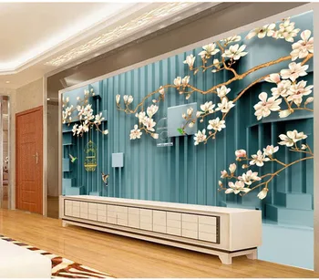 

Custom Ang Size 3D Wallpaper Blue 3D Hand Painted Flowers and Birds Stereo Space TV Background Wall Painting Wallpaper