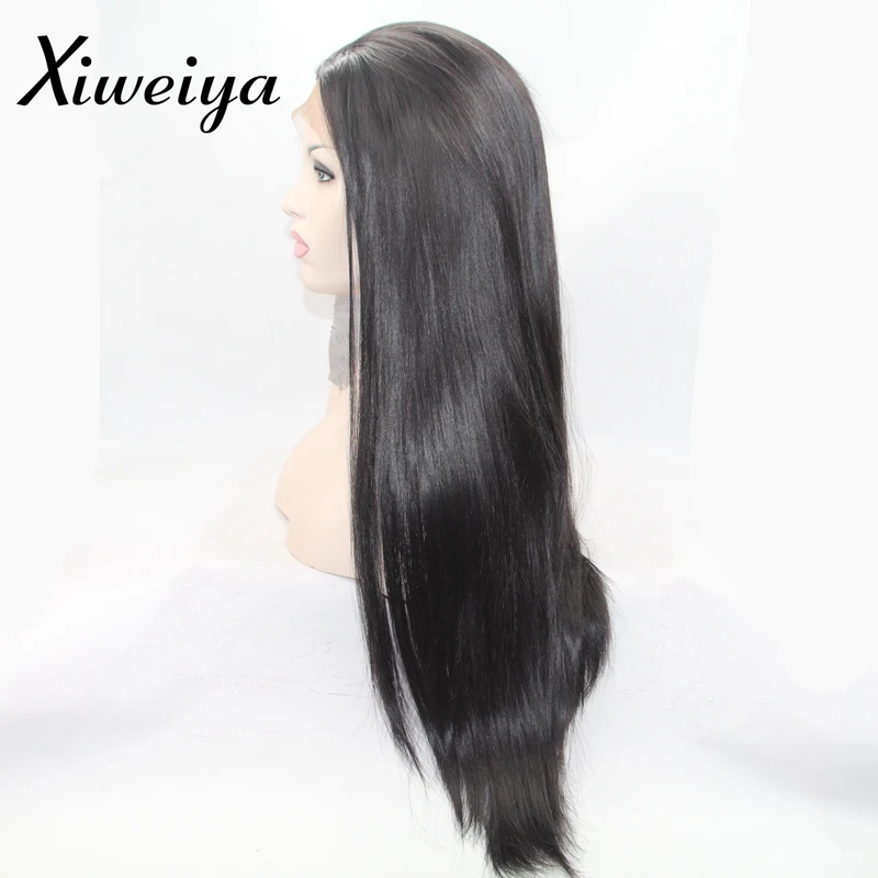 Xiweiya термостойкие синтетические волосы на кружеве черный парик шелковистые прямые черные длинные парики для женщин средняя часть мягкий
