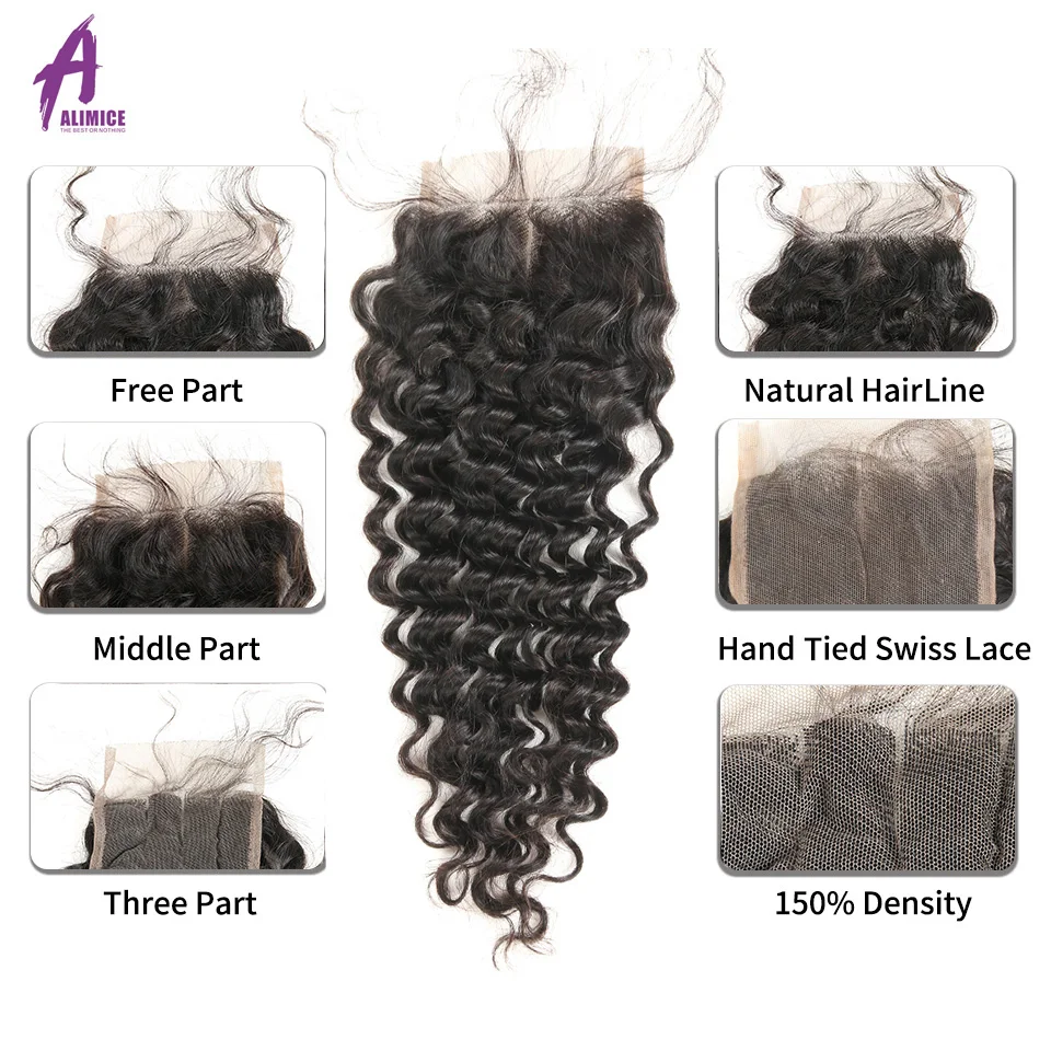 Alimice Hair Malaysian Deep Wave 3 Bundles With Closure Natural Color 100% Human Hair 8-28 Inches Remy Hair Extensions 4PcsLot (14)