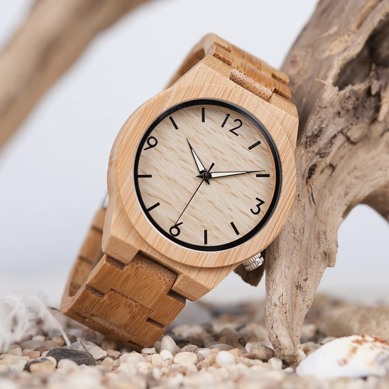 BOBO BIRD Men Watch Wooden Bamboo Quartz Men Watches with Luminous Hands with Full Bamboo Band in Gift Box Timepieces