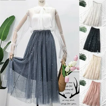 

2019 New Women Spring Summer Star Hot Stamping Voile Skirts High Waist Pleated Long Skirt Big Swing Star Moon Tulle Skirts