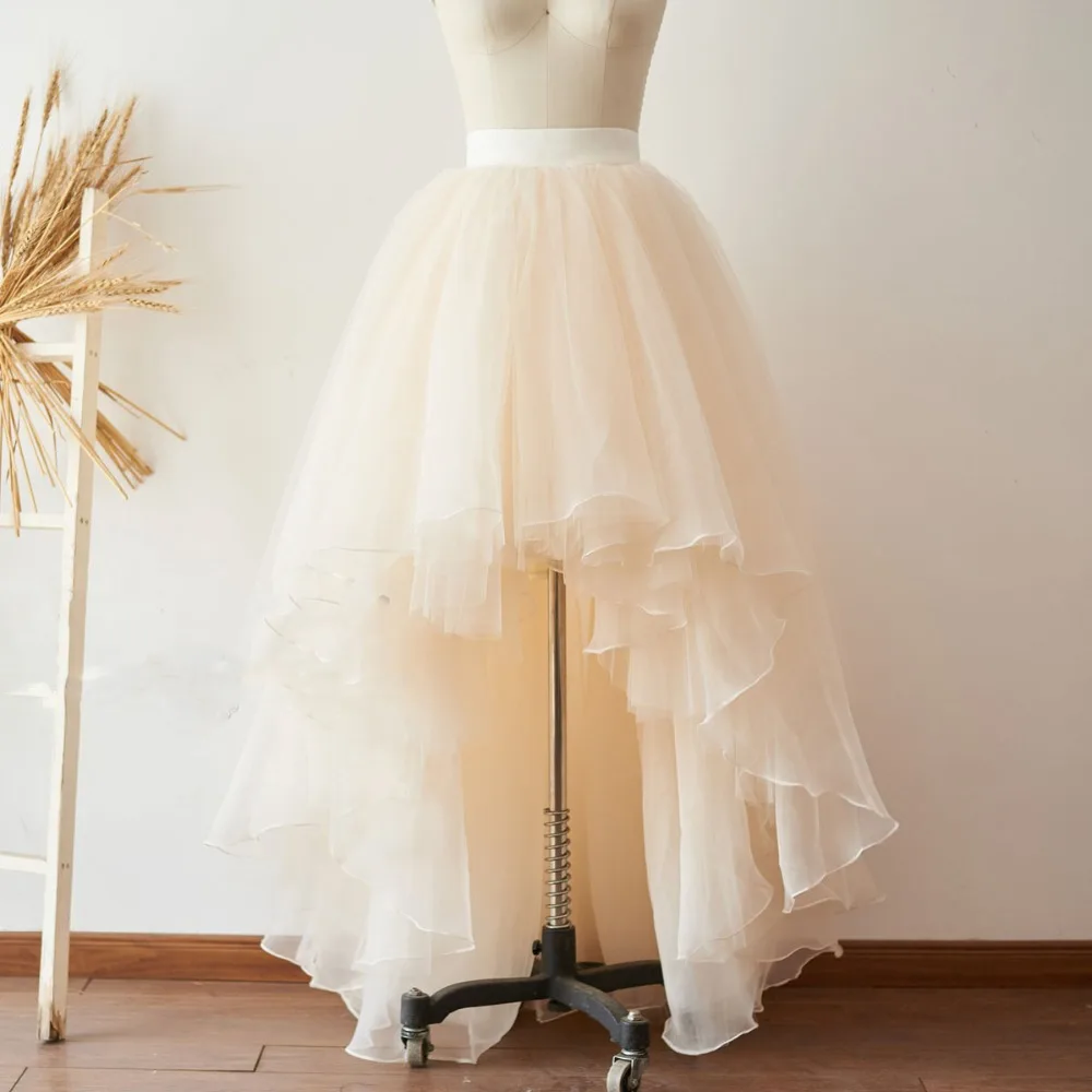Champagne Organza Tulle Hi Low Asymmetrical Bridal Wedding Bridesmaid Skirt Prom Party Skirt Costume Tulle Skirt