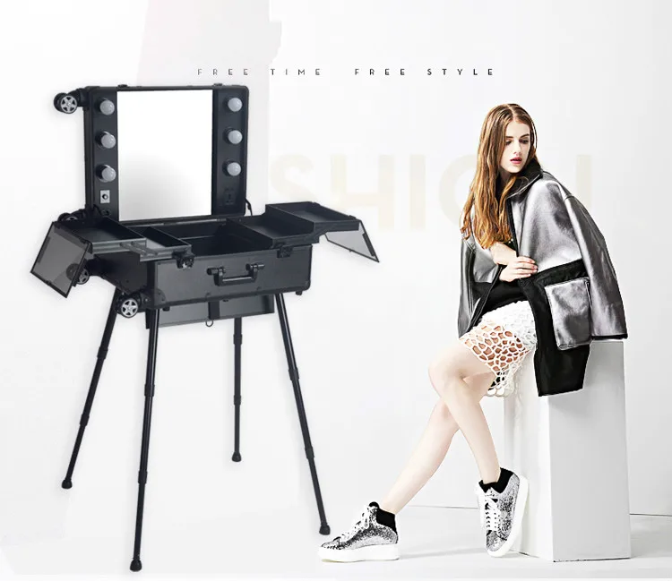Professional LED Cosmetic Case with Lights removable wheels Beauty Trolley Box with LED Lights 4