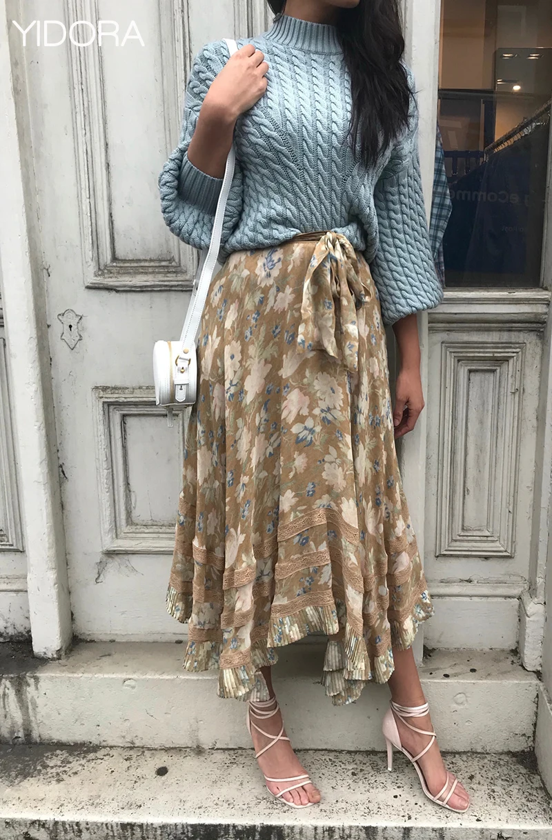 Floral De Avec À Dentelle Gamme Hanky Ceinture Champagne Midi Plissée Haut Nouer Dames Soie Débridée Garni Jupe Ruches As Imprimé Pic champagne AxOqwBdwn