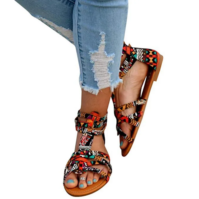 

Puimentiua Boho Women Flat Shoes Summer Roman Sandal Boho Sandalias Mujer Colorful Female Beach Flat Plus Size 35-43