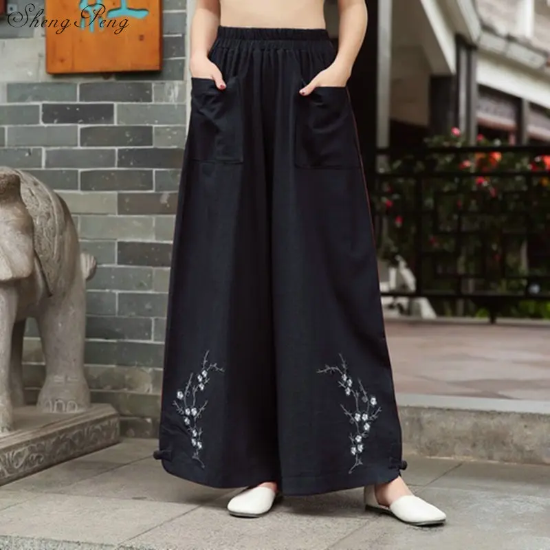 Для женщин Китайская традиционная вышивка брюки для девочек широкие брюки белье с эластичным поясом повседневное longTrousers V1455