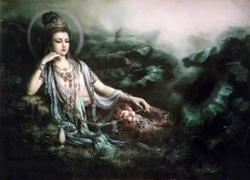 

Dream-art Kwan-yin Avalokitesvara with jade pot lotus flowers #100% hand painted #Oil painting on Canvas #free shipping