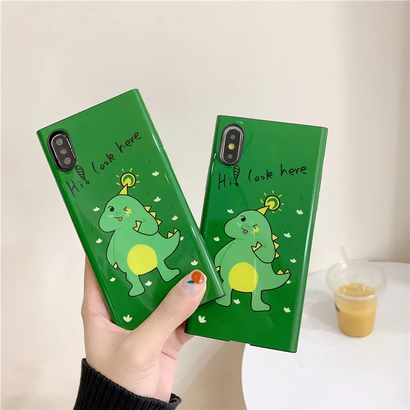 

Full Protection Arc Edge Square Phone Case for Iphone X 6 6S Plus Xr Xs Max 8 7 Plus Case Glossy Soft IMD Cute Dinosaur Cover