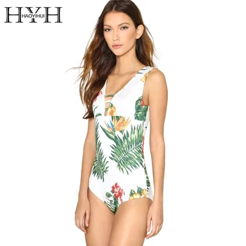 

HYH HAOYIHUI Sexy V Neck Flower Plants Printed Bodysuits Hollow Out Swimwear Beach Jumpsuits Rompers Women Bathing Bodysuit