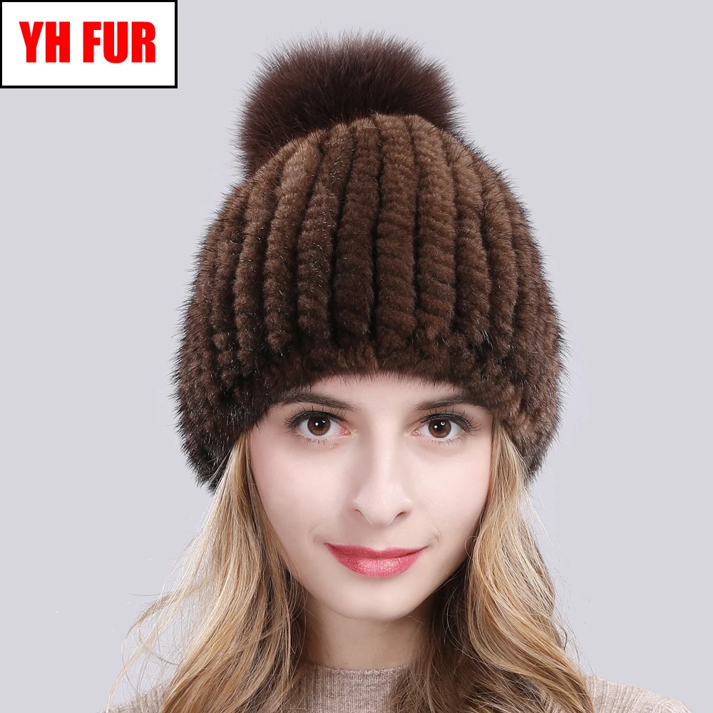 

Russian Lovely Winter Natural Real Mink Fur Beanies Hat Elastic Knitted Warm Women Real Mink Fur Caps Quality Fox Fur Balls Hats