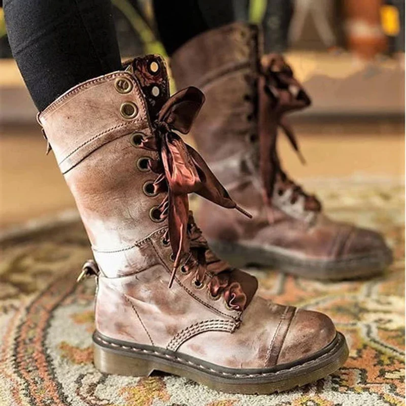 

Leather Boots Women Long Boots Lace Up Autumn and Winter Botas Plus Size 36-43 Zapatos De Mujer Retro Boots For Women BeautyFeet