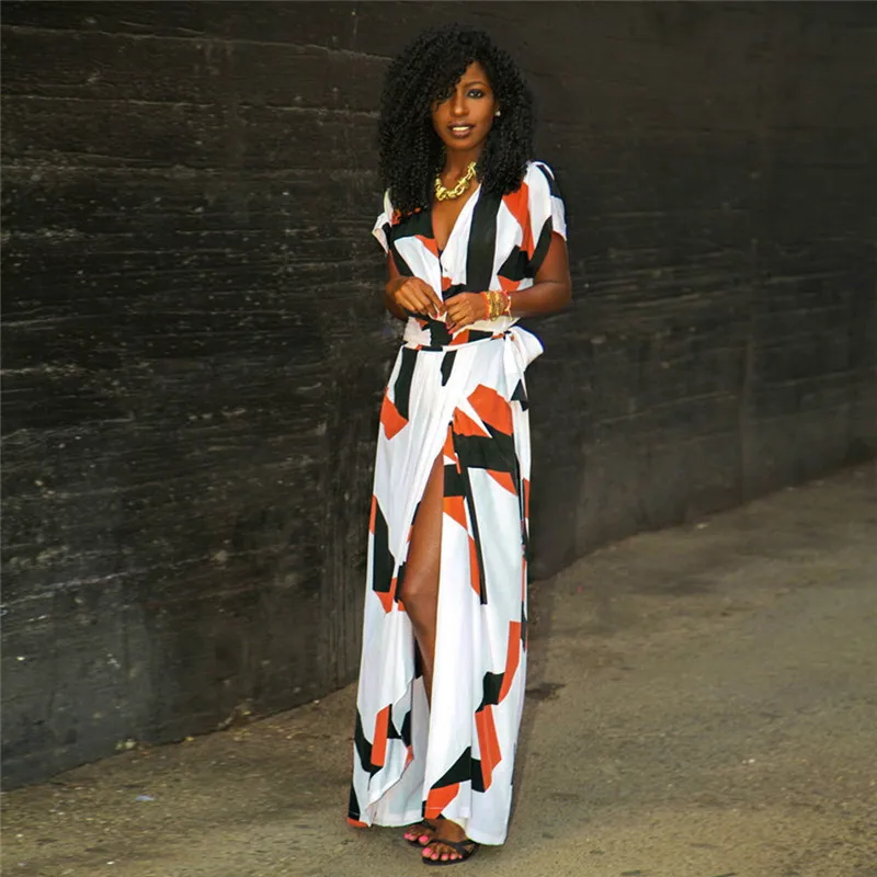 

Short Sleeve Women Summer Dress Geometry Printing Women Summer Boho Long Maxi Dress V Neck Evening Party Long Dress