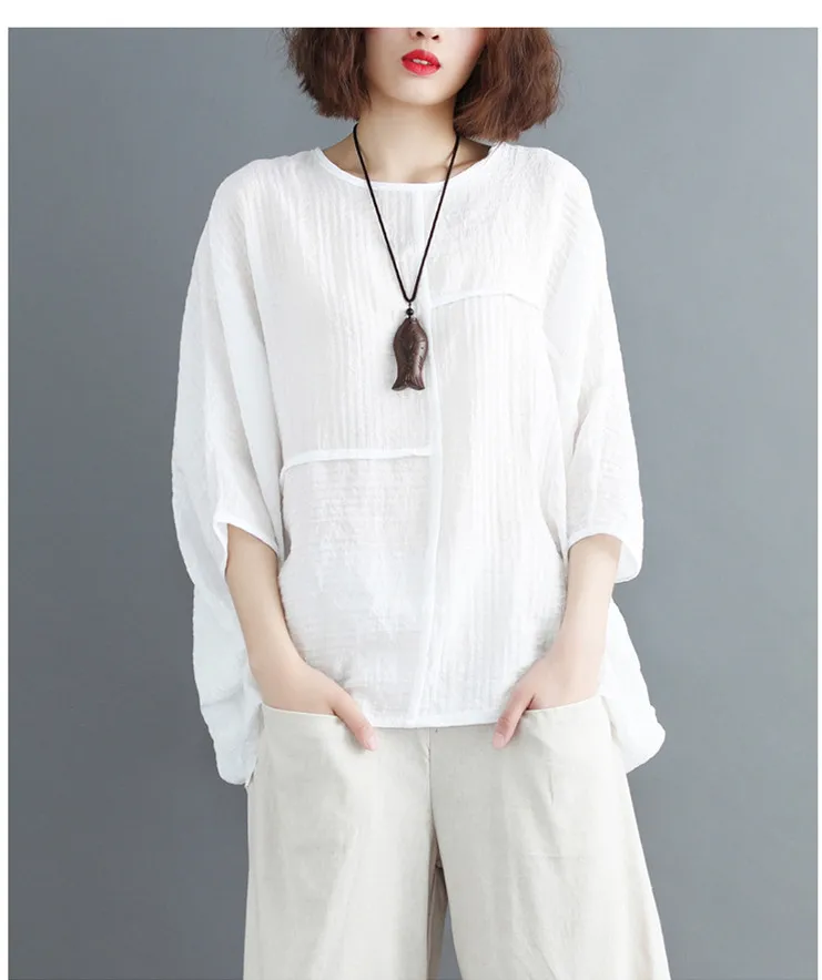 LZJN Summer Women Fashion Shirt Solid White Black Color Oversize Loose Tops Batwing Sleeve Casual Cotton Linen Blouse Plus Size (8)