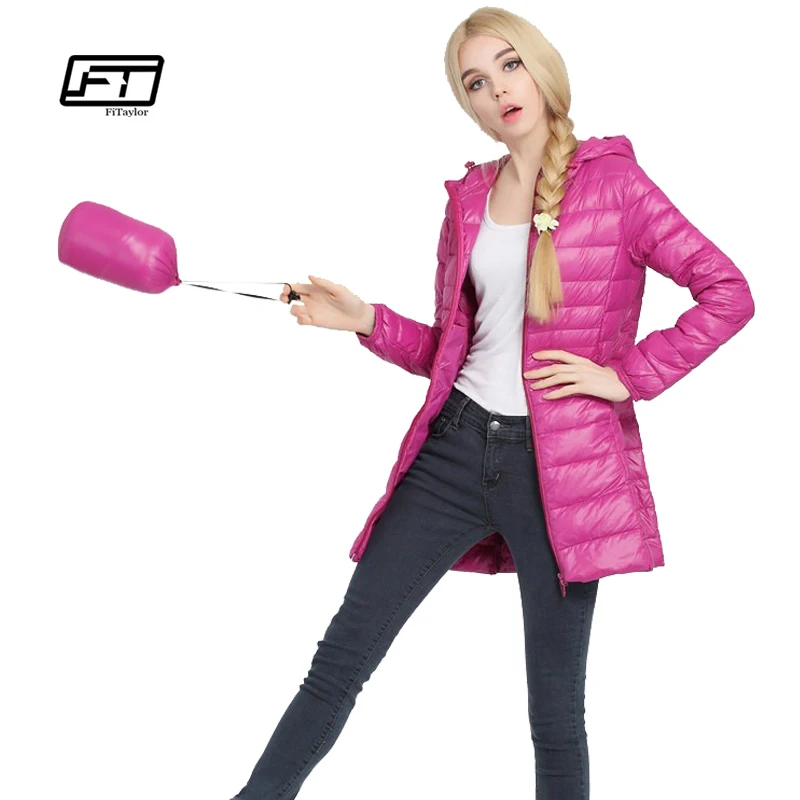 

Fitaylor Autumn Winter Women Ultra Light Duck Down Coat Hooded Jackets Slim Medium Long Plus Size Parkas Thickness Overcoat