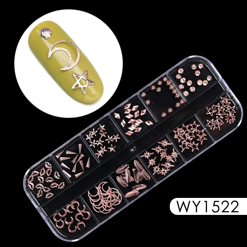 12 решеток золотые, серебряные, полые 3D украшения для ногтей металлические заклепки для ногтей блестки Стразы DIY украшения для ногтей боди-арт - Цвет: WY1522