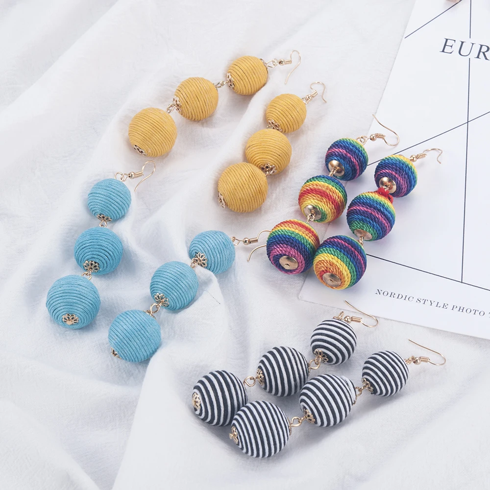 

2019 Boho Bohemian Tassel Three Large Ball Long Dangle Drop Earrings Jewelry For Women Accessories aretes artesanales de mujer