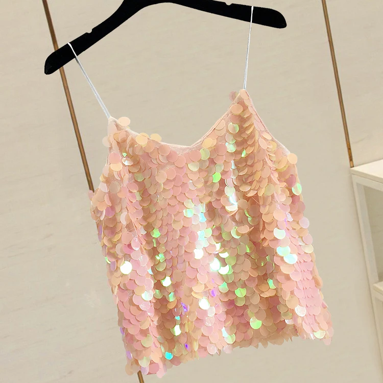 

Sequined Vest Female Slim Camisole Tanks Girls 2019 Korean New Short Sexy Shirt Sleeveless Outside Wearing Crop Top Summer