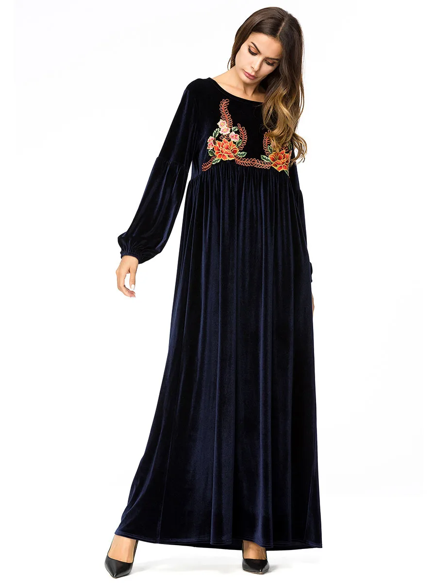 Элегантная вышивка, макси-платье бархат цветочный качели длинные халаты Винтаж мусульманских кимоно осень-зима Рамадан Исламская Костюмы