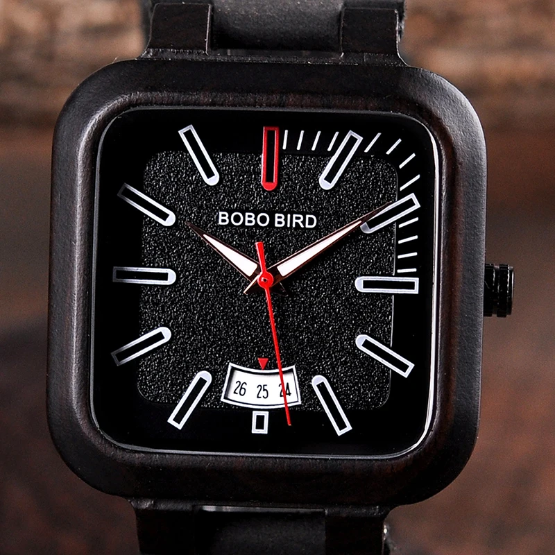 BOBO BIRD Men Simple Watch Handmade Wooden Classic Black and Red Quartz Watches with Date Display horloges mannen