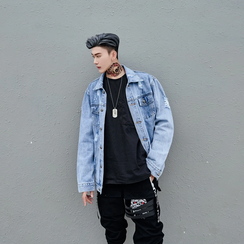 2018 Hot Denim Clothes Jeans Coats Vintage Men's Jackets High Quality Hip-hop Holes Decorated with Pure Blue Men Jacket