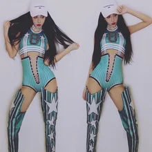 Сценические костюмы для певцов, Модный комбинезон с принтом, костюм черлидер, костюм для ночного клуба, Dj, женский наряд на день рождения, одежда для рейва, DNV10705