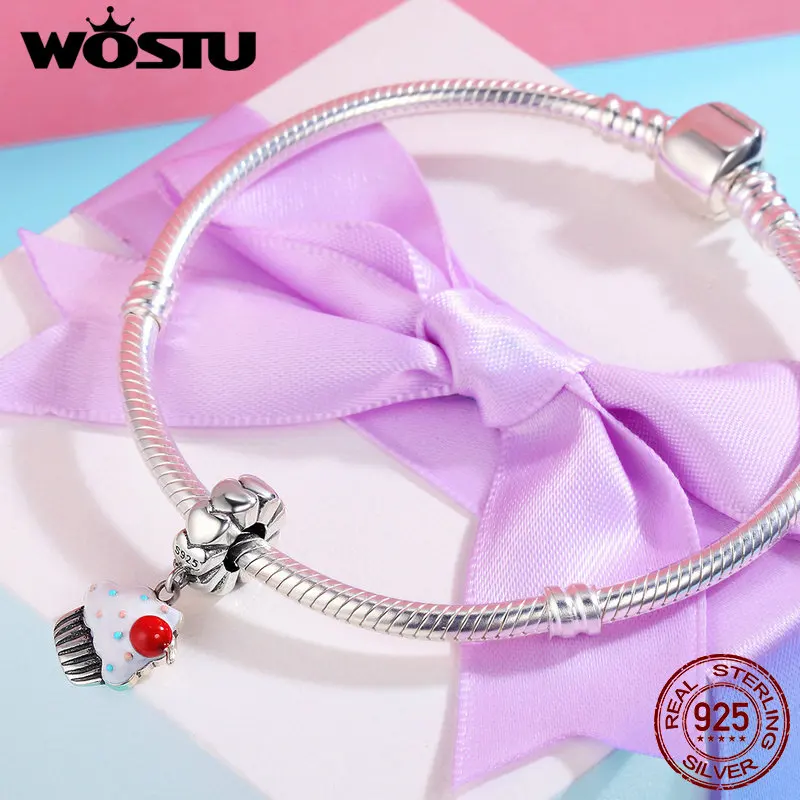 WOSTU Genuine 925 Sterling Silver Cupcake As Element Colorful Enamel Charm fit original WST Bracelet DIY Jewelry Gift DXC350