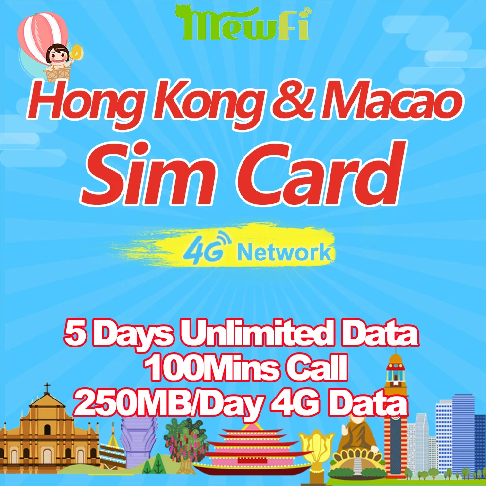 

Mewfi HK Hong Kong/Macao Travel Sim Card 5 Days Unlimited Data+100 Mins Call 250MB/Day 4G Data 3in1 Triple Mobile Phone Sim Card