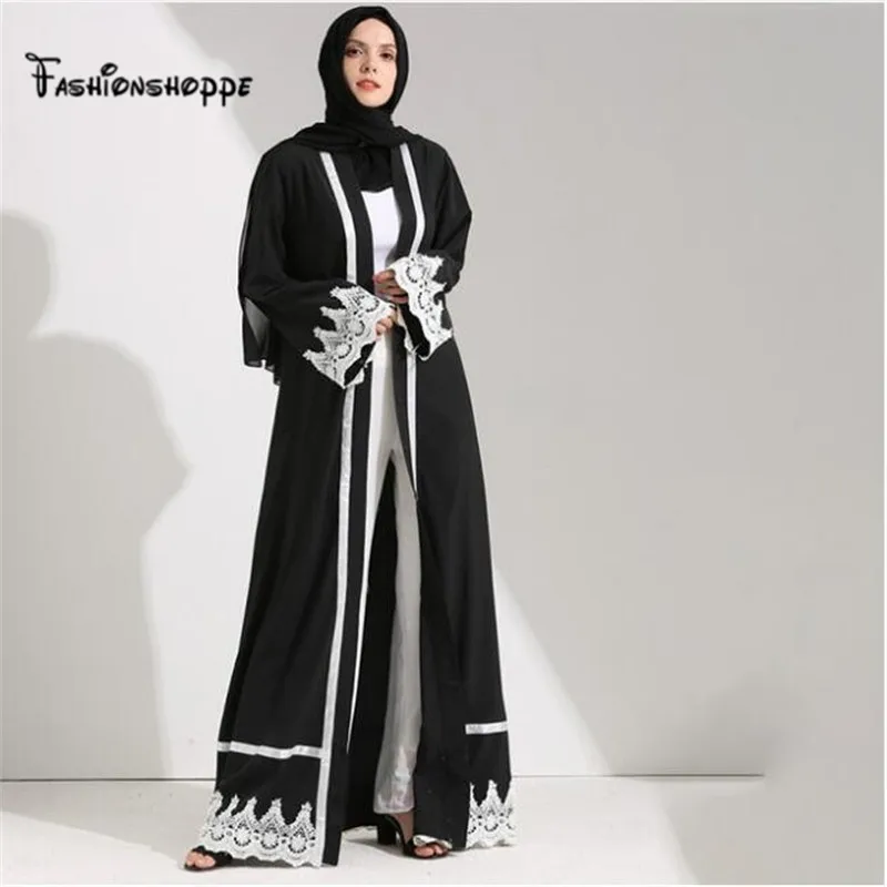 Dubai Style Front Open Lace Muslim Kimono Abaya Kaftan Dresses Islamic ...