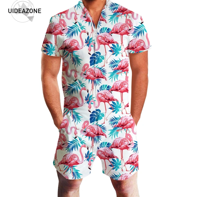 

Flamingos 3D Men Rompers 2018 Short Sleeve O Neck Summer Beach Bro Romper Outfits One Piece Jumpsuit Overalls With Pockets