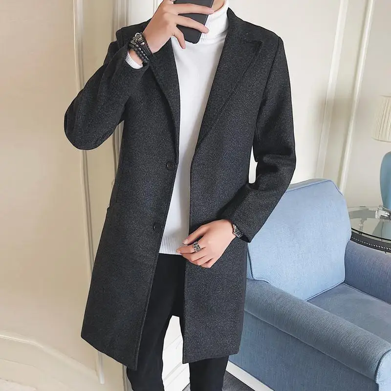 

M-5XL Plus Size Korean Style Men Tweed Coat Knee Length Autumn Winter Streetwear Blend Wool Trench Peacoat Fashion XXXXXL