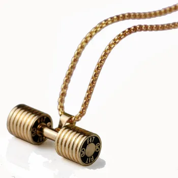 

Dumbbell Pendant Champagne Gold Stainless Steel Necklace Fitness Sports Jewelry 10PCS wholesale 23 inch chain 2017 New