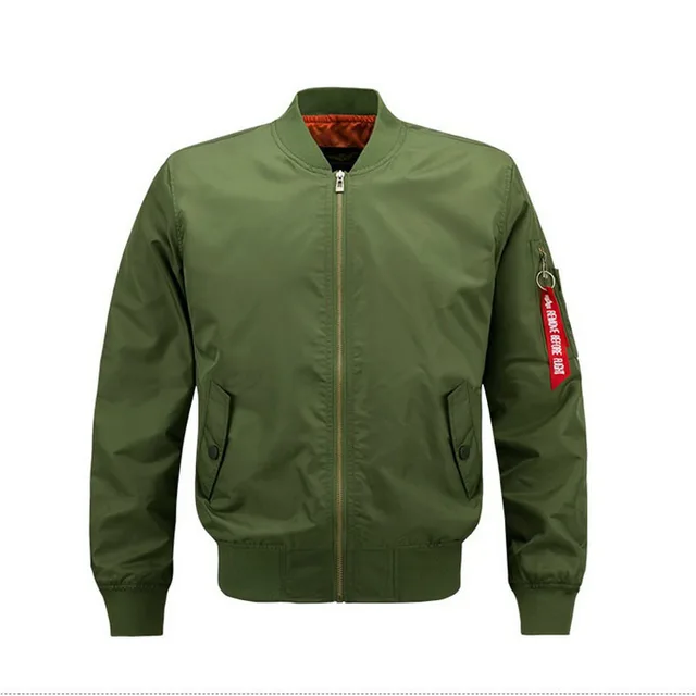 Mens Solid Flight Army Green Bomber Jackets Men's Rib Sleeve Zipper