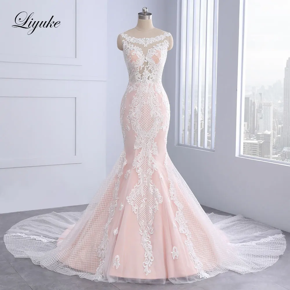 affordable wedding dresses Liyuke SKin Nude Tulle Of V Neckline Ball Gown Wedding Dress With Sparkle Lace vestido de noiva Court Train off the shoulder wedding dress