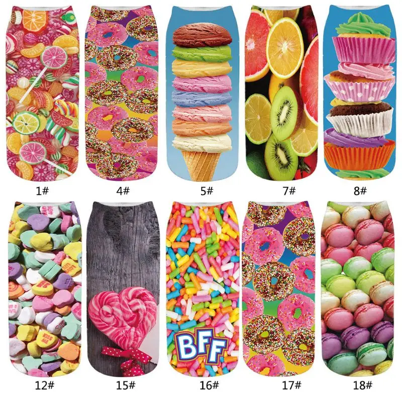 Унисекс короткие носки 3D цифровой печати весело фрукты закуски пончик хлопковые короткие носки Разноцветные короткие носки