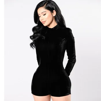 

Short Rompers Women Velvet Jumpsuit 2019 New Spring Fashion Sexy Turtleneck Zipper Bodycon Bandage Playsuit Long Sleeve Bodysuit