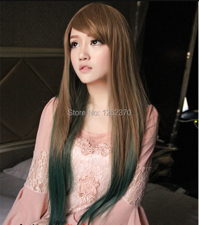 

70 Cm Harajuku Synthetic Wig Cosplay Anime Women Ladies Sexy Long Straight Brown Green Hair Ombre Wigs Anime Peruca Pelucas