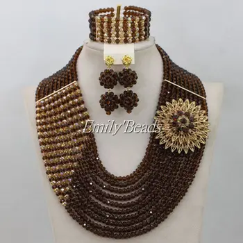 

Fabulous Chocolate Brown Gold Champagne Crystal Nigerian Traditional Wedding African Beads Jewelry Set Free Shipping AIJ441